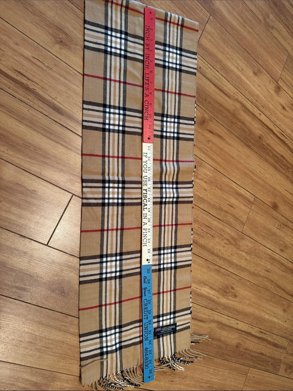 100% Cashmere Scarf Made in Scotland Camel Plaid Fringe Soft 70”